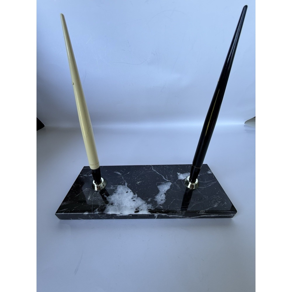 Sheaffer Ballpoint Desk Set - Black and White Pens with Black Marble Base
